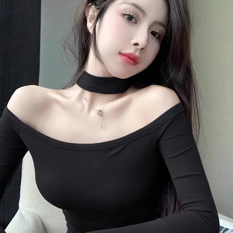 春秋新款一字肩挂脖长袖上衣纯色百搭两穿T恤修身显瘦小众打底衫