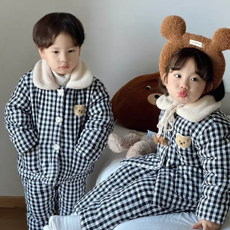 儿童加绒加厚卡通家居服韩版冬款男女童加绒加厚睡衣宝宝保暖套装