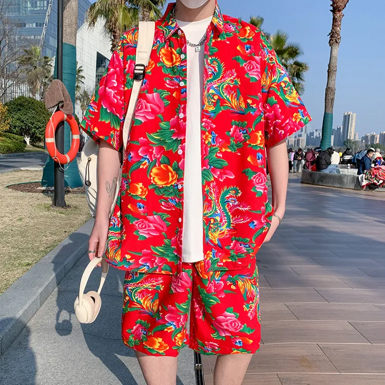 夏季东北大花布衣服宽松短袖衬衫短裤套装两件套半袖一套小众男装
