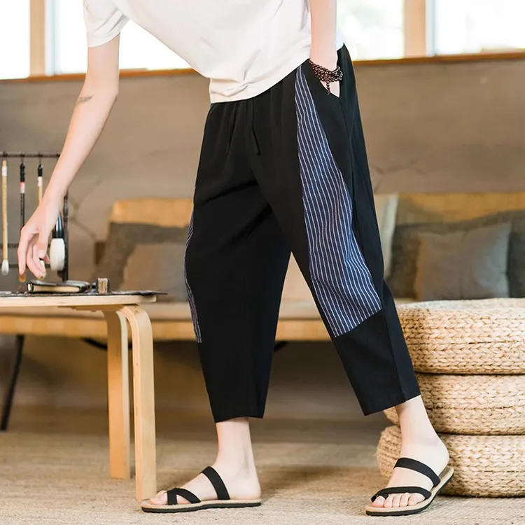 中国风棉麻八分裤男夏季宽松大码薄款拼接潮流条纹九分灯笼萝卜裤