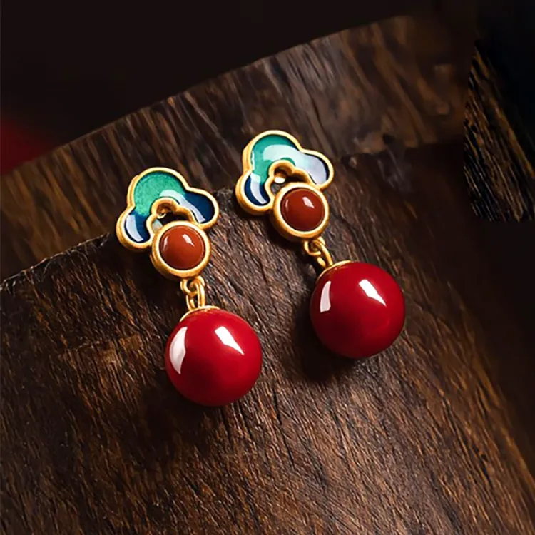 天然辰砂小银匠S925银国潮景泰蓝祥云圆珠耳钉银耳环古风新中式