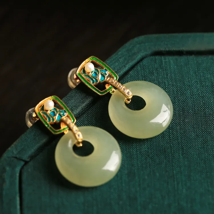 小银匠和田玉青玉S925银耳环女珐琅彩平安扣耳坠中式国风旗袍耳饰