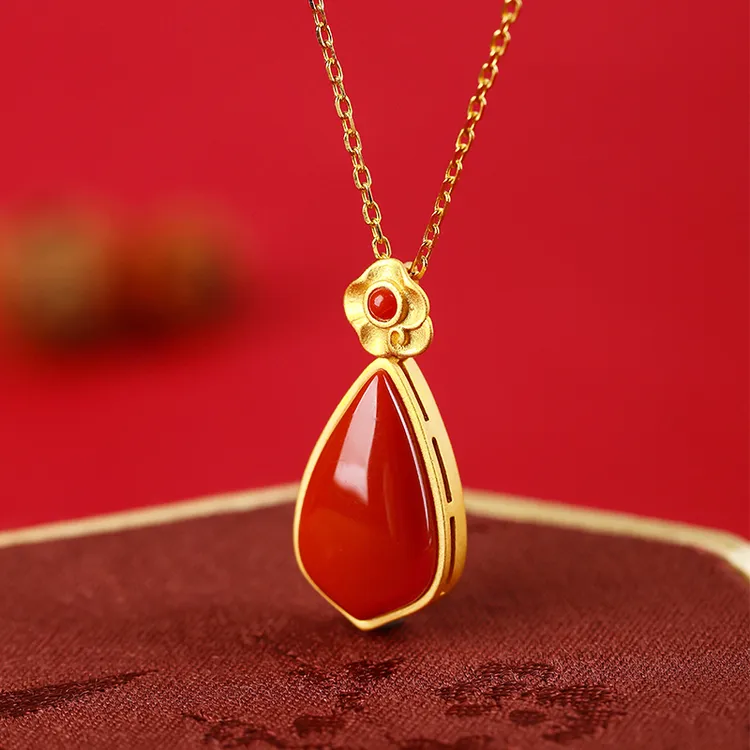 小银匠红玛瑙S925银项链女水滴链坠本命年红色吊坠中式送女友礼物