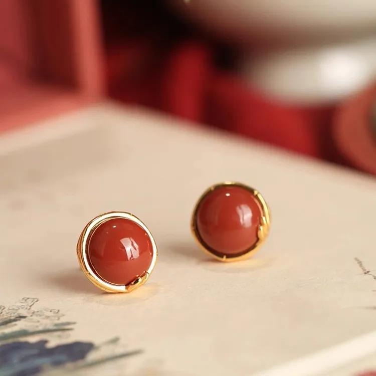 小银匠红玛瑙雅竹S925银耳钉女款国风复古红色新中式古风耳饰礼物