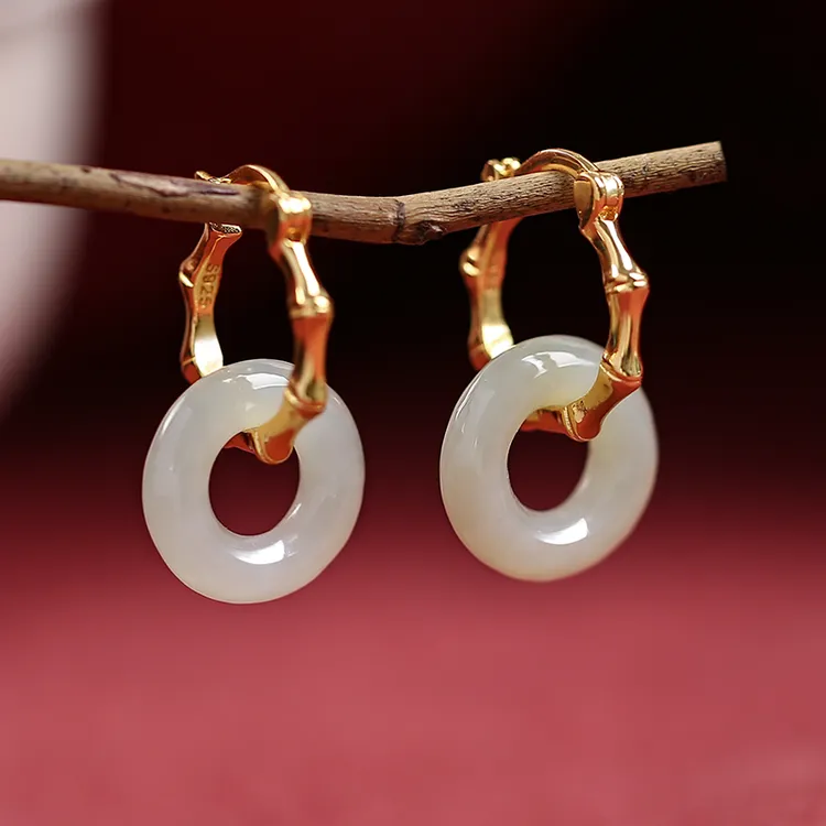 小银匠和田玉平安扣耳环女925银竹节耳扣原创设计国风高级感耳饰