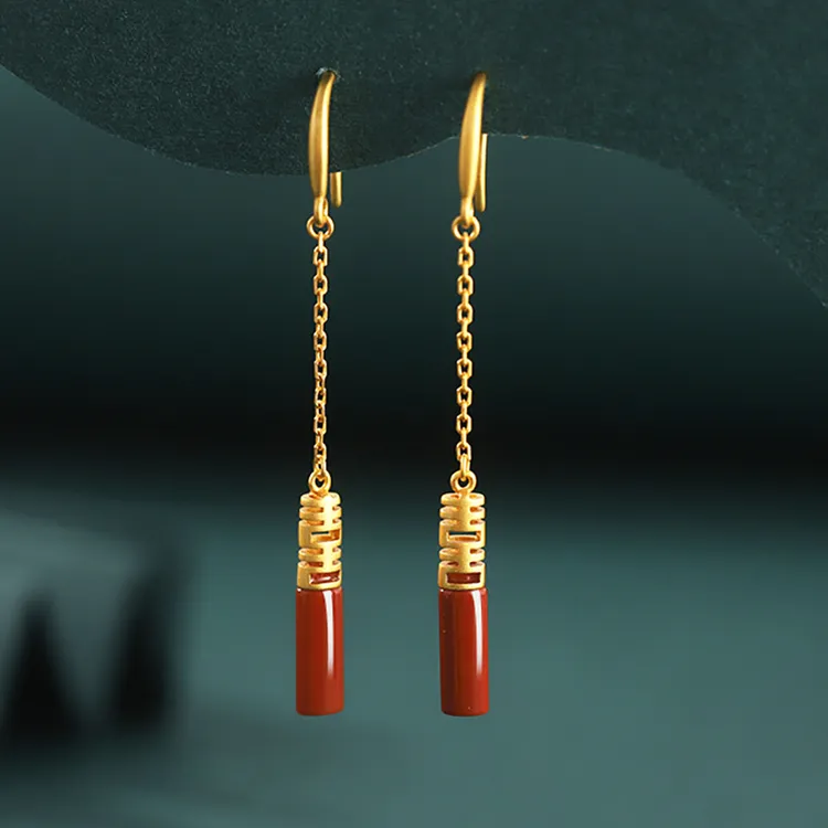 小银匠红色喜字S925银耳环女玛瑙流苏耳坠耳线中式汉服古典耳饰品