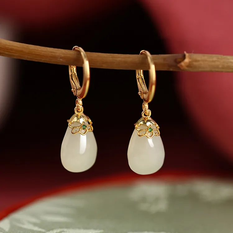 小银匠S925银耳环女和田玉青玉气质百搭水滴耳坠中式古典耳饰文艺