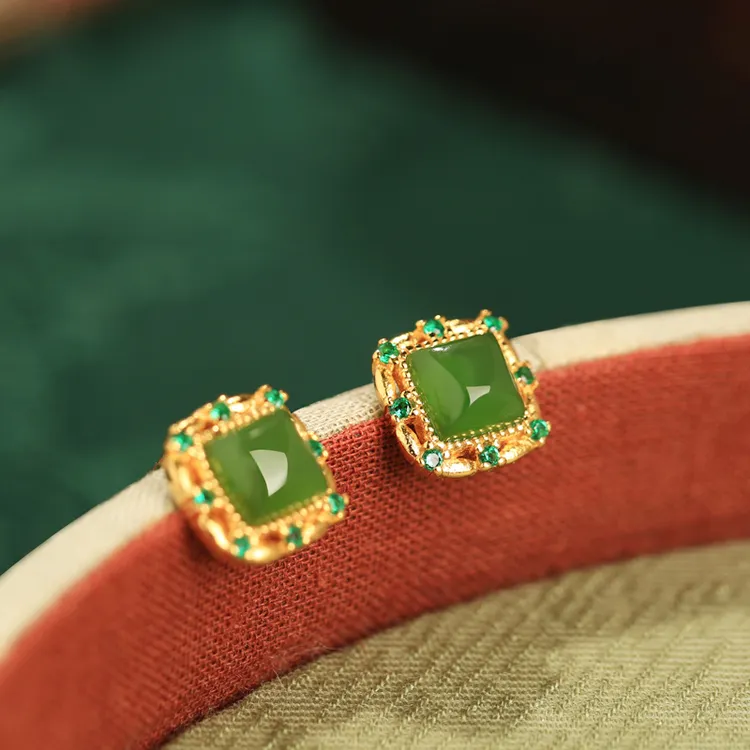 小银匠和田玉碧玉925银小耳钉女夏天新中式国风方块耳饰耳环礼物