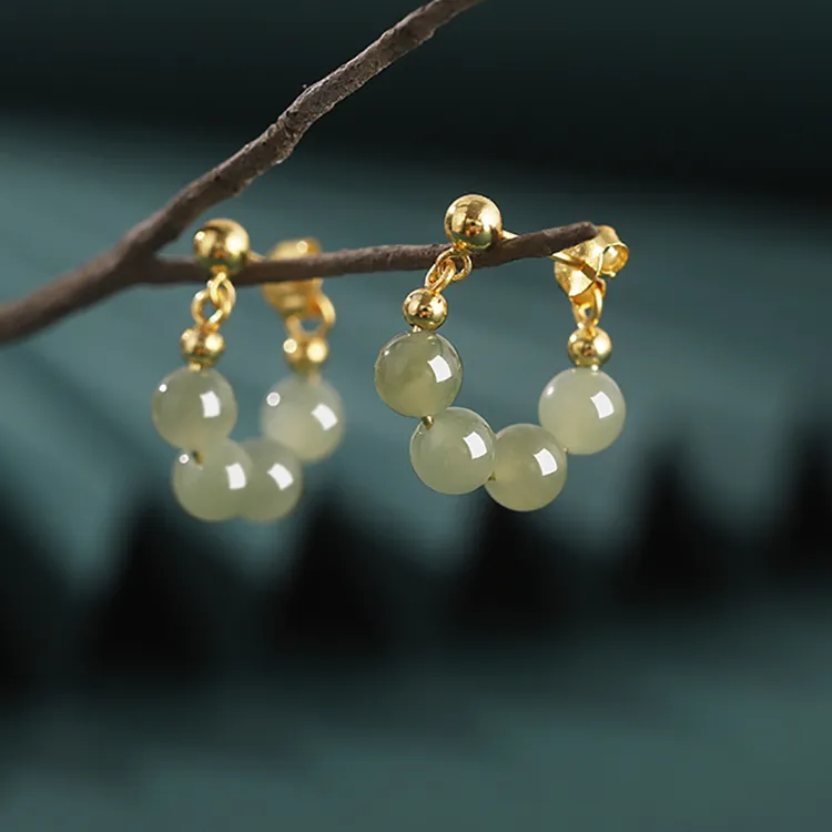 小银匠和田玉S925银耳钉女国风复古耳环宫廷古风耳夹故宫古典耳饰