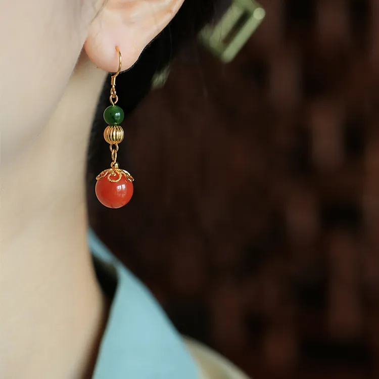 小银匠天然红玛瑙S925银耳环女转运珠中国风高奢玉石耳坠古风耳饰