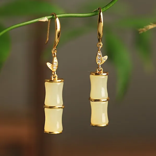 小银匠和田玉竹节S925银耳环古法中式古风雅竹耳坠气质耳饰品礼物