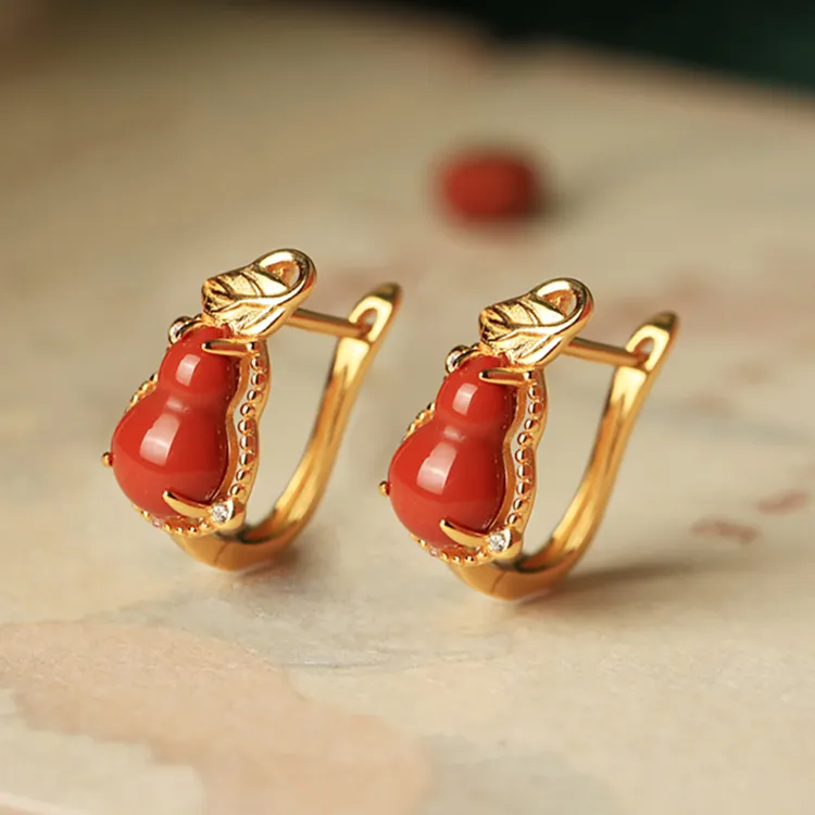 小银匠S925银镶嵌红玛瑙葫芦耳圈饰品时尚个性简约耳饰古风气质