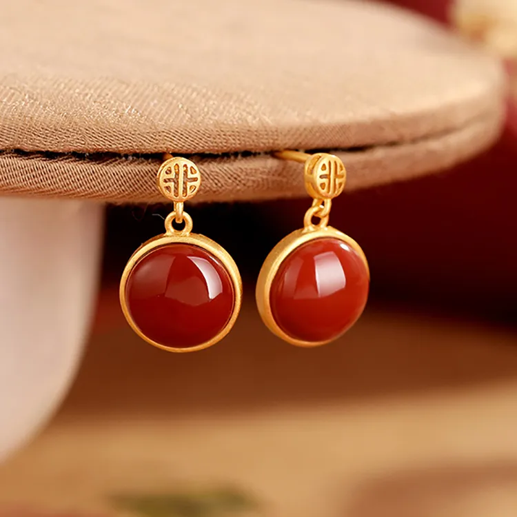 小银匠新中式红玛瑙耳钉女S925银新年喜庆轻奢高级感耳饰耳环礼物