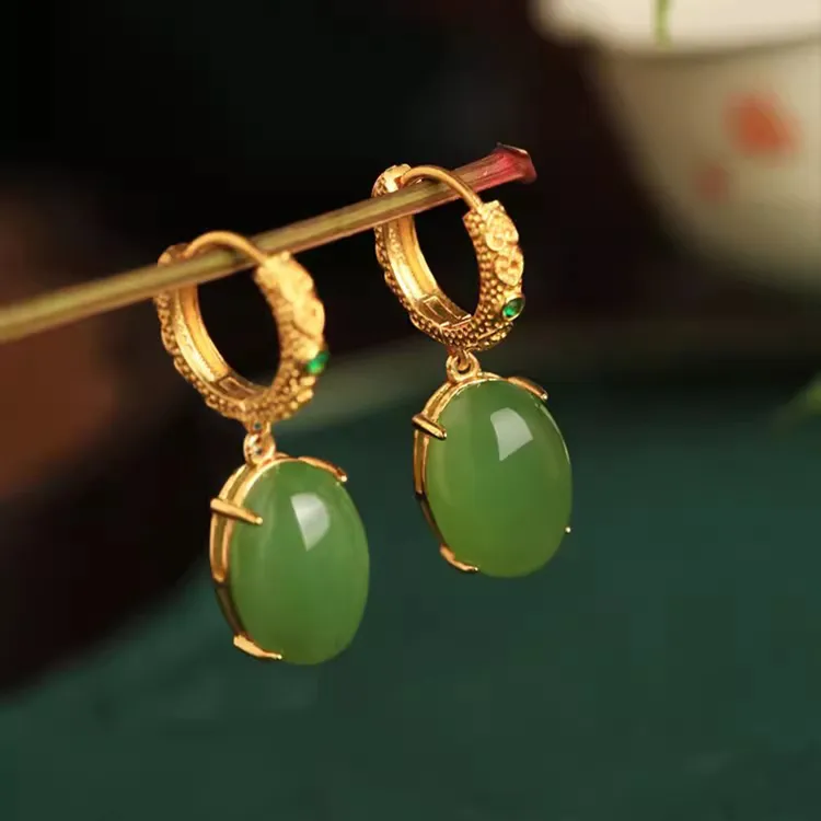小银匠和田玉碧玉S925银水滴耳环女国风轻奢耳饰耳圈古风耳坠礼物