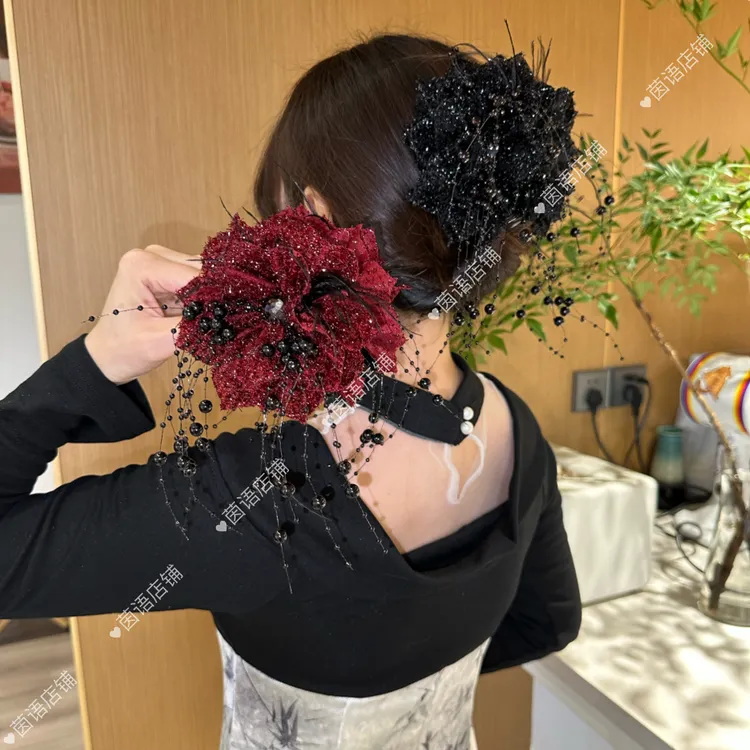 茵语港风亮片时尚闪钻玫瑰花流苏抓夹气质百搭显发量网红头饰发夹