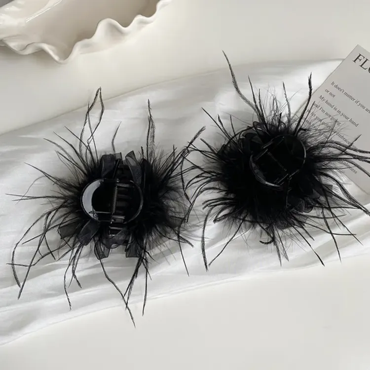 设计感网纱羽毛抓夹百搭网红发饰盘发夹子头饰爆款黑色头花鲨鱼夹
