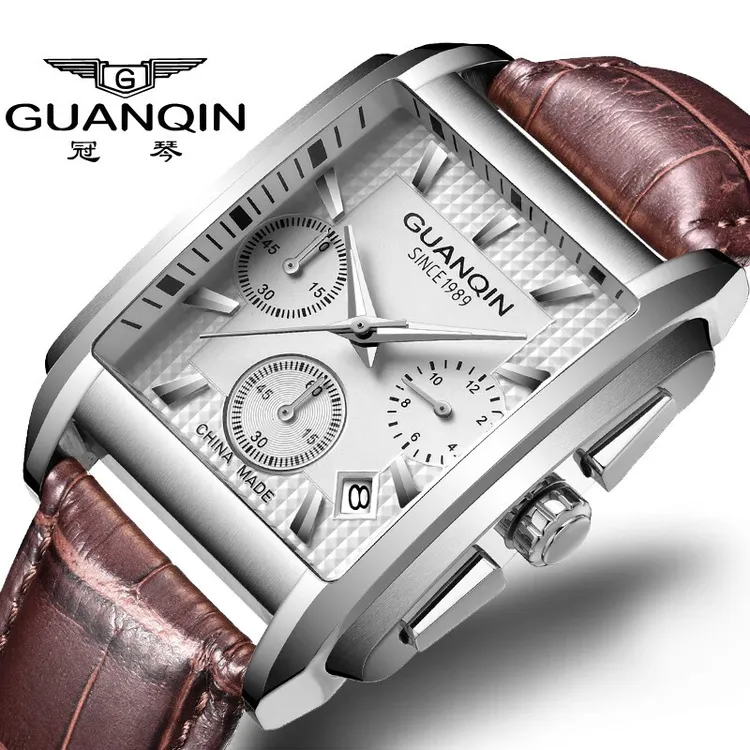 冠琴长方形手表男士时尚潮流防水夜光真皮多功能计时男表石英表