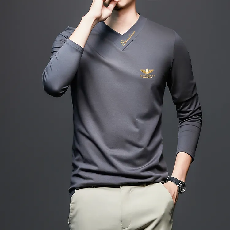 高端莫代尔男士长袖t恤2024秋装V领打底衫内搭加绒加厚秋冬上衣男