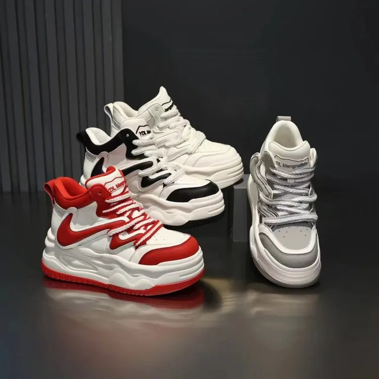 2024爆款厚底加厚冬季PU高帮鞋高跟松糕底系带圆头休闲百搭运动鞋