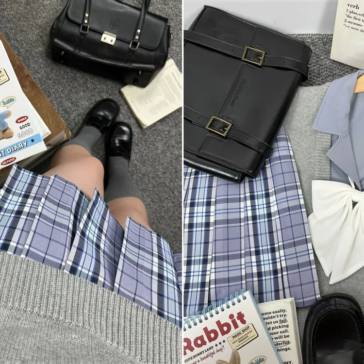 浅藤中/白鹿之森原创紫格百褶裙春夏高级日系学院风jk格裙半身裙