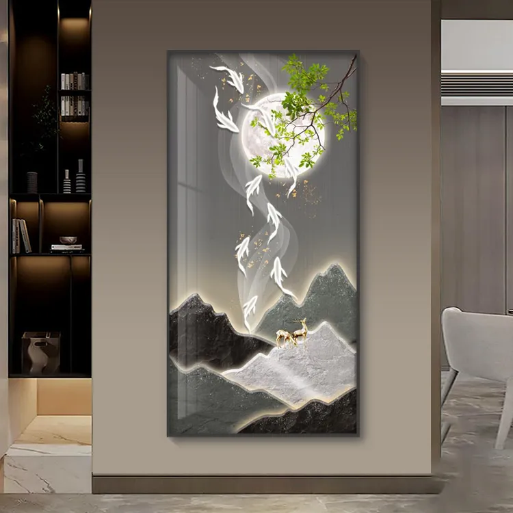入户玄关装饰画现代轻奢高档走廊过道挂画九鱼图竖版进门壁画墙画