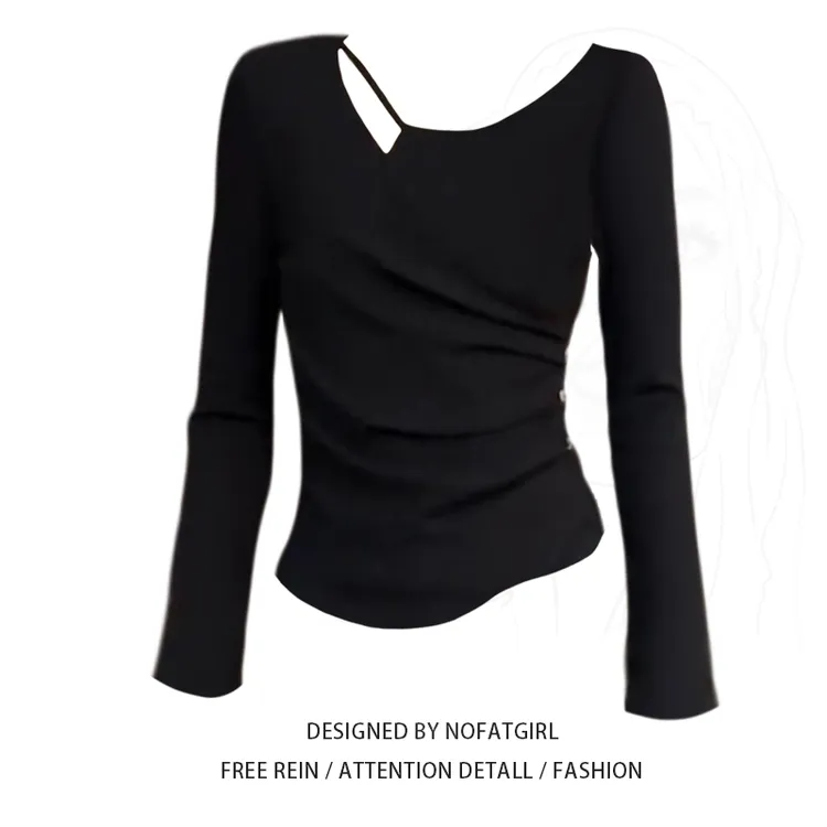 大码胖妹妹纯欲风辣妹镂空打底衫女秋季收腰修身显瘦洋气长袖上衣