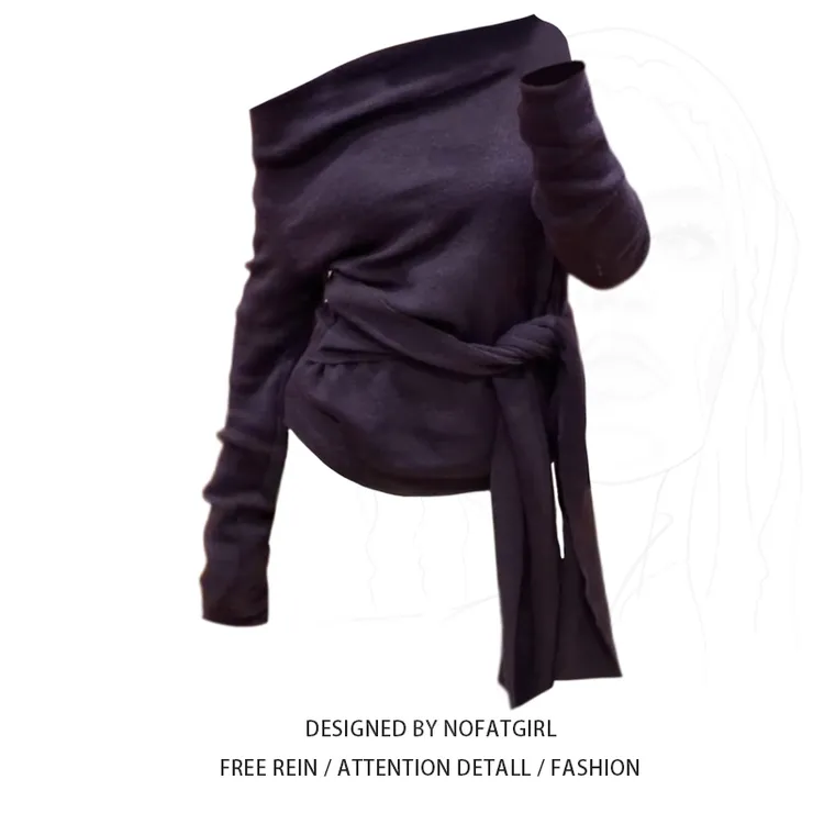 大码胖MM纯欲风斜肩长袖针织衫女秋季新款绑带收腰设计感内搭上衣