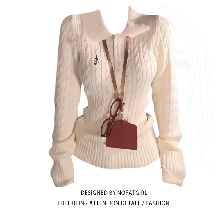 大码胖MM翻领麻花软糯毛衣女秋冬季新款修身显瘦设计感针织衫上衣