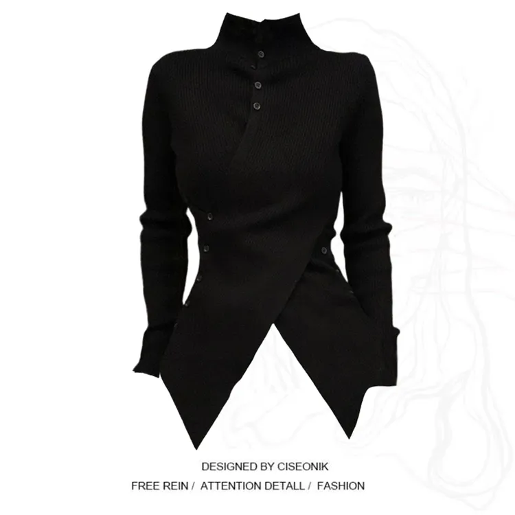 大码胖mm小众不规则高领针织打底衫秋冬内搭设计感修身显瘦毛衣