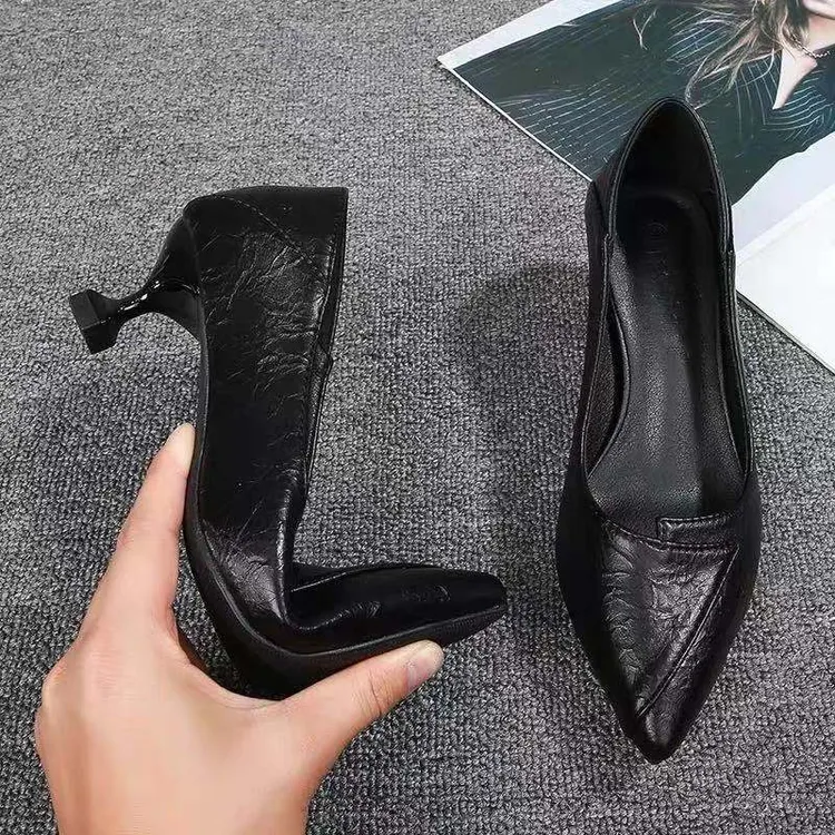 3/5/7细跟软皮黑色工作鞋女高跟不磨脚职业沐足美容软底小码单鞋
