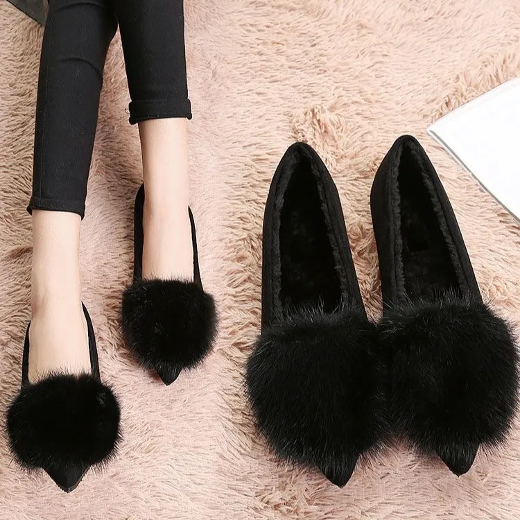 码欧洲站毛毛鞋软底女秋冬季加绒保暖单鞋尖头平底浅口瓢鞋子41