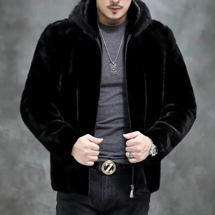【正品】海宁蒙眼貂连帽翻领加厚男士夹克秋冬保暖休闲外套