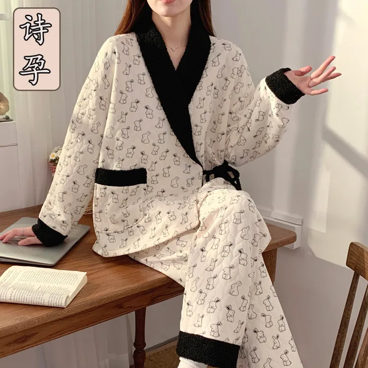 夹层空气棉秋冬孕妇哺乳睡衣女怀孕期月子服喂奶家居服加厚