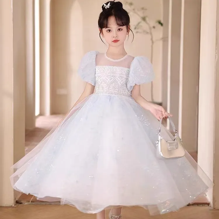 冰月蓝 唯美气质儿童晚礼服主持生日花童钢琴奢华走秀蓬蓬公主裙