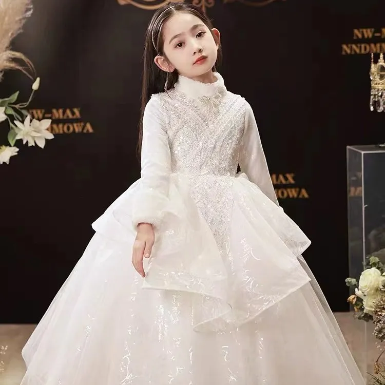 雪山飞狐 秋冬加厚儿童晚礼服裙白色花童公主生日主持钢琴长裙