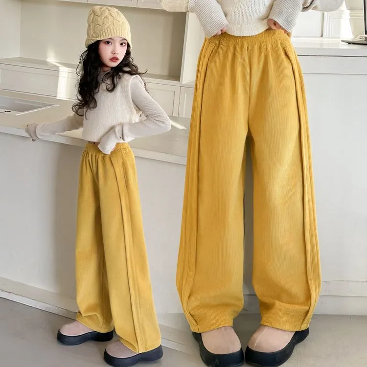 女童裤子冬季加绒休闲裤2024新款中大童洋气加厚直筒阔腿裤初中生