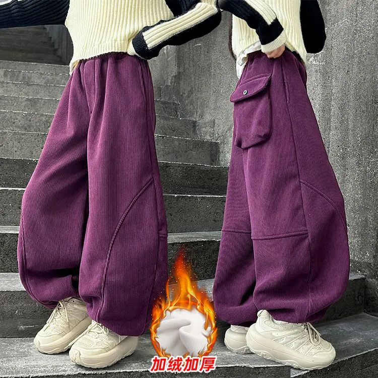 女童灯笼裤秋冬加绒中大童韩版加厚灯芯绒裤子儿童冬季百搭老爹裤
