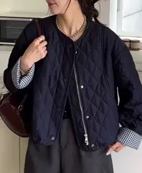 8655#设计感菱格拼色棉衣外套