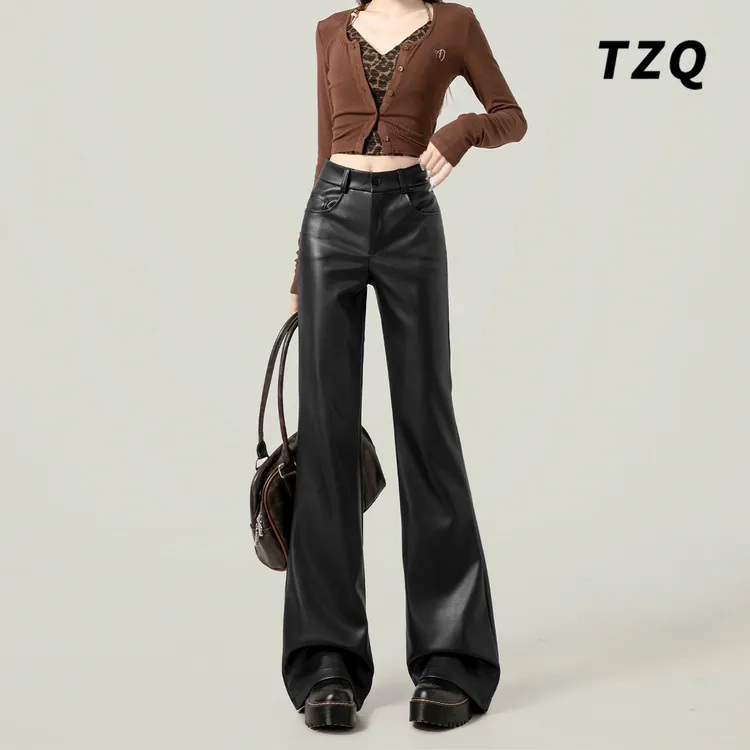 复古辣妹高腰黑色皮裤女2024韩版显瘦微喇裤百搭喇叭长裤TZQ90333