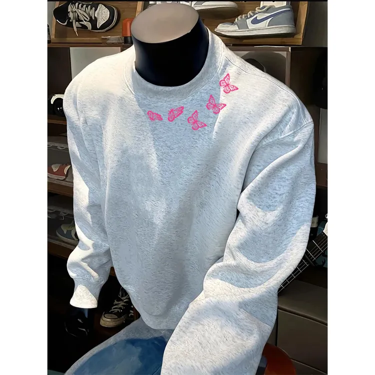 美式潮流圆领套头卫衣秋冬季创意蝴蝶刺绣环领打底衫加厚单卫衣男