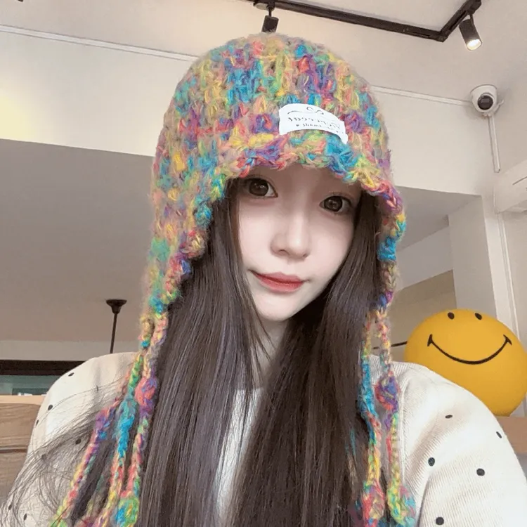 大脸帽饰网红手勾彩色复古风流苏毛线帽护耳帽辫子帽女波西米亚风