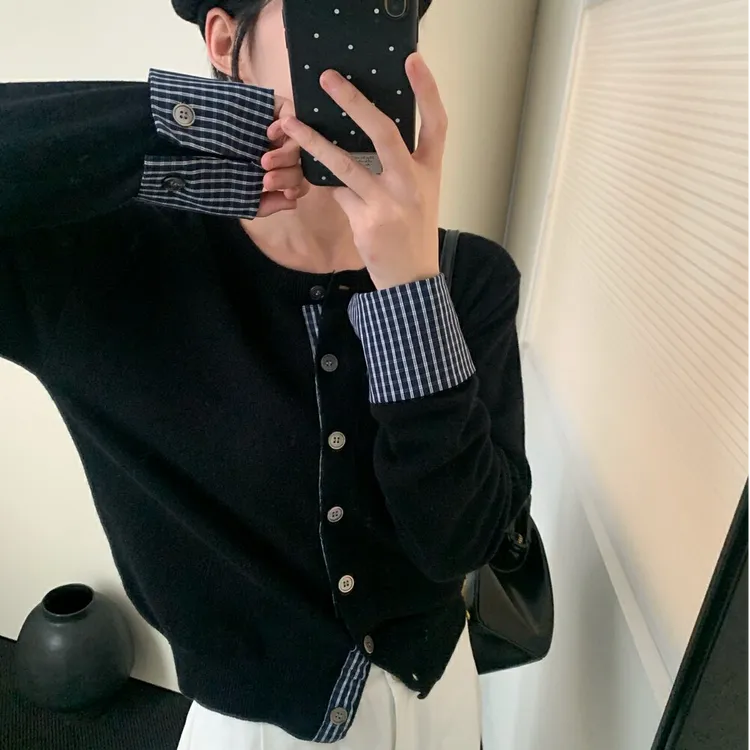 拼衬衫袖时尚针织开衫女装2025早春新款复古高级感洋气针织上衣