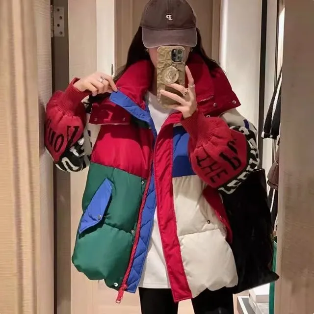 棉衣女冬季新款欧洲站时尚宽松显瘦撞色连帽袖字母时尚设计感棉服