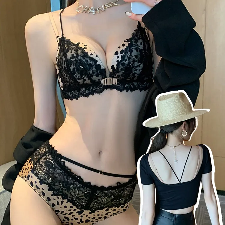 维多利亚豹纹前扣内衣女薄款大胸显小性感无钢圈蕾丝美背文胸套装