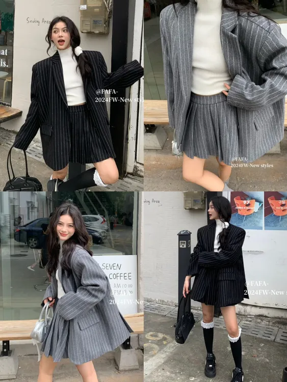 FAFA正品冬季韩系宽松条纹垫肩长袖西装外套+百褶半身裙两件套装