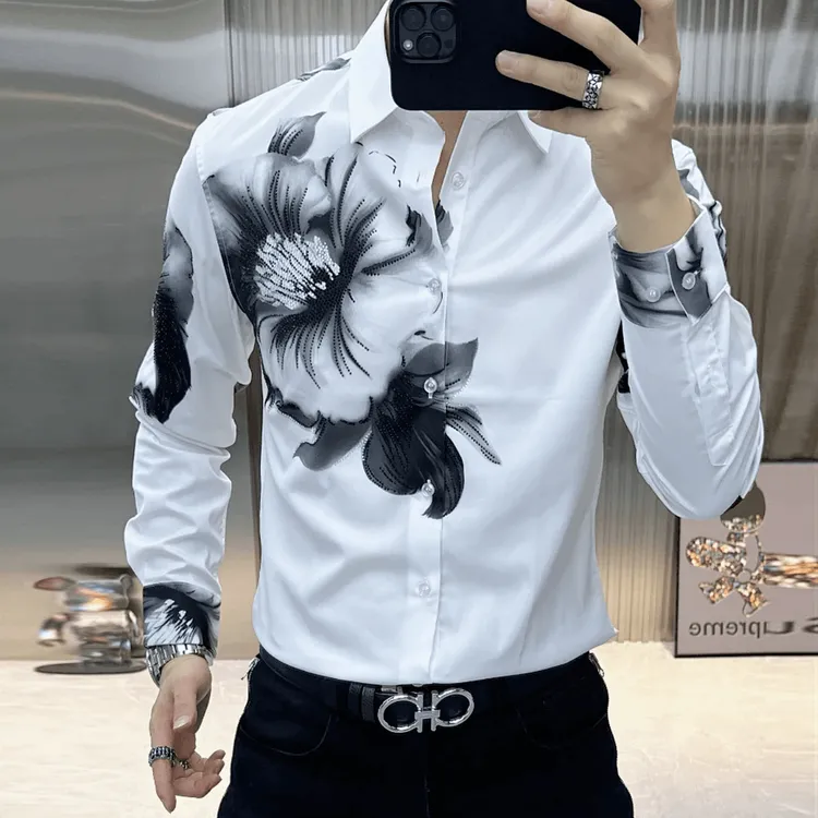 水墨画花卉印花烫钻免烫衬衫男秋季新款男士修身潮流男装帅气衬衣