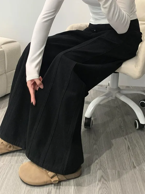 黑色拼接阔腿牛仔裤女秋季新款设计感高腰宽松显瘦百搭直筒长裤子