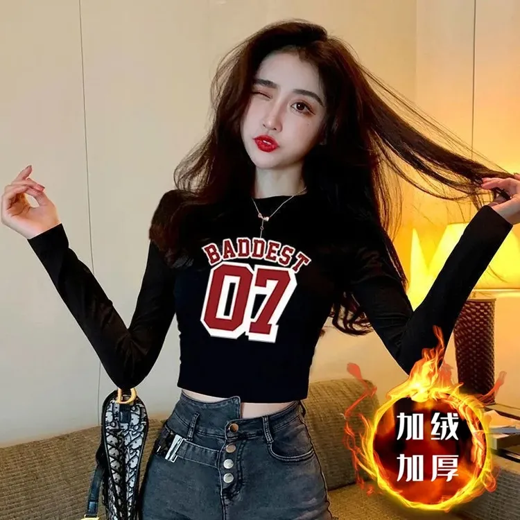 全棉【银狐绒】t恤短款上衣新款圆领紧身高腰内搭冬季加绒打底衫女