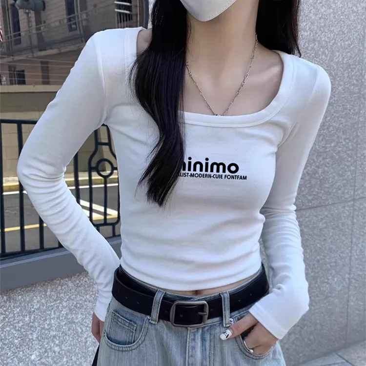 白色正肩方领长袖t恤女新款修身显瘦内搭打底衫白色打底衫女款