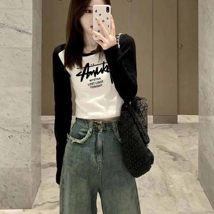 正肩长袖短款t恤女春秋季内搭打底衫显瘦撞色插肩袖上衣白色女款